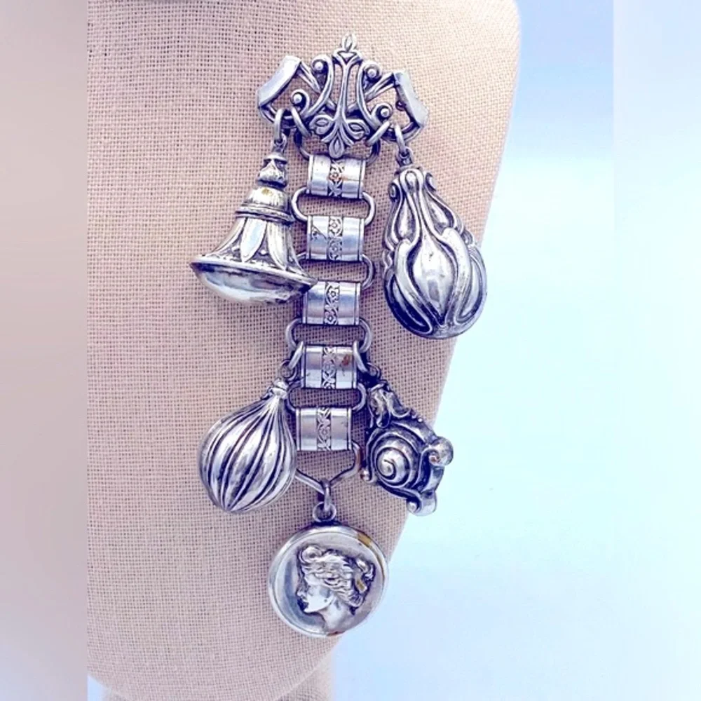 Vintage SilverTone Dangling Charm And Locket Brooch Very Unique 4 1/2” Long - Picture 1 of 9
